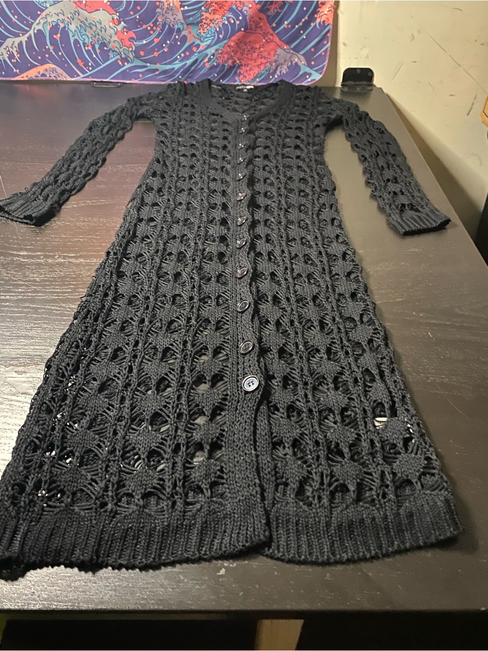 Fashion Nova Black Openwork Longline Button-Front knit Cardigan